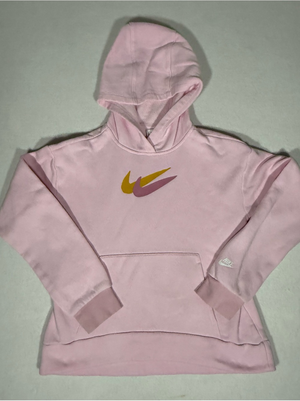 Nike Girls' Pink Foam Dual-Swoosh Hoodie in size Large